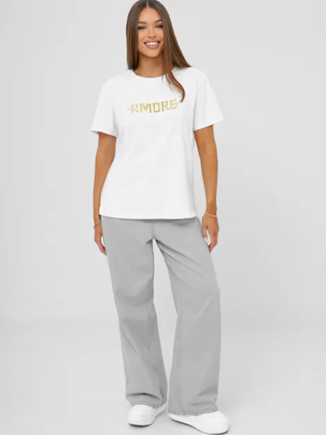 New Damen T-shirt Weiß-Gold JS/YJ77716 Damen T-shirts Mit Motiv