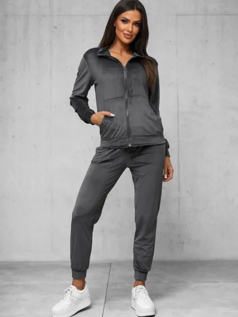 Hot Damen Velours Sportanzug Anthrazit JS/35C1610/5 Damen Velours Trainingsanzüge | Trainingsanzüge Mit Reißverschluss