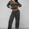 Outlet Damen Velours Sportanzug Anthrazit JS/35C1613/5 Damen Velours Trainingsanzüge | Trainingsanzüge Mit Reißverschluss
