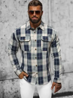 Clearance Herren Hemd Marineblau NB/MC727BS Herren Langarm Hemden | Kariertehemden