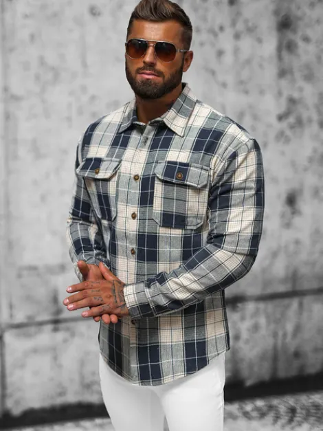Clearance Herren Hemd Marineblau NB/MC727BS Herren Langarm Hemden | Kariertehemden