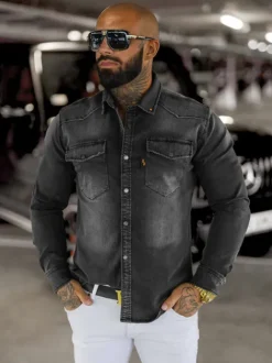 Best Herren Jeanshemd Anthrazit O/51413 Herren Langarm Hemden | Jeanshemden