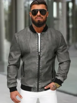 Clearance Herren Lederjacke Anthrazit JS/11Z8107 Herren Lederjacken | Übergangsjacken