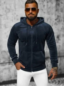 Online Herren Velours Kapuzenpullover Dunkelblau JS/8B1168/25 Herren Kapuzenpullover | Sweatjacken