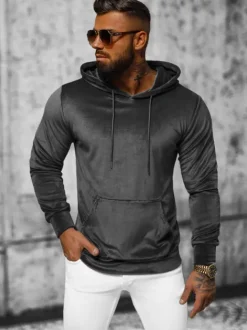 Fashion Herren Velours Kapuzenpullover Anthrazit JS/8B1170/6 Herren Sweatshirts Ohne Print | Kapuzenpullover