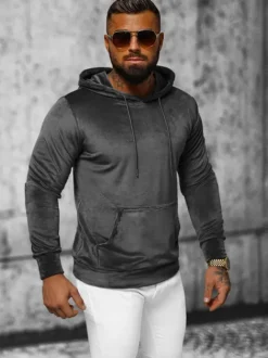 Fashion Herren Velours Kapuzenpullover Anthrazit JS/8B1170/6 Herren Sweatshirts Ohne Print | Kapuzenpullover